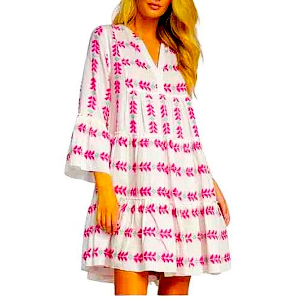 Elan Charli Tiered Dress Size M Split Neck White with Embroidered Pink Arrows